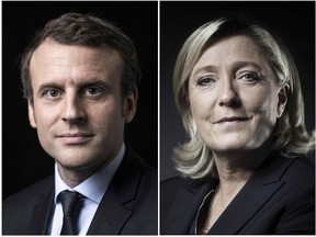 A combination of picture made on April 23, 2017 shows French presidential election candidate for the En Marche movement Emmanuel Macron (left) and French presidential election candidate for the far-right Front National (FN) party Marine Le Pen posing in Paris. (JOEL SAGET/AFP/Getty Images)