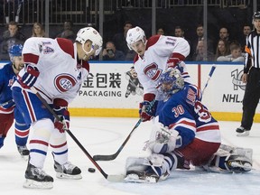 Rangers goalie Henrik Lundqvist (30) tends the net against Canadiens centre Tomas Plekanec (14) during the third period of Game 6 of their first-round NHL playoff series at in New York on Saturday, April 22, 2017. (Mary Altaffer/AP Photo)