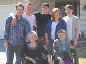 Winnipeg native Ellen (Dolly) Gibb (front, left) will be celebrating her 112th birthday on April 26, 2017. She has been Canada's oldest person since January 11, 2016. Recently, she was officially validated as Canada's oldest person by the Gerontology Research Group (grg.org) and currently is the 42nd oldest person in the world. Dolly enjoyed an early birthday celebration this past Easter weekend in her home in North Bay, Ont. Celebrating with her is her daughter Sue Crozier (front, right), granddaughter Jane and spouse Derek Wilkinson (plaid shirt) and great-grandsons Michael, Ryan and Kyle Wilkinson (left to right).