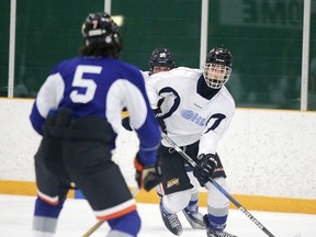 Sudbury Wolves 2nd draft pick Anthony Tabak  takes part in the blue, white scrimmage during the Sudbury Wolves orientation camp in Sudbury, Ont. on Sunday April 23, 2017. Gino Donato/Sudbury Star/Postmedia Network