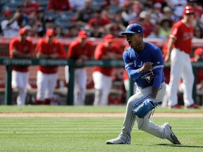 Blue Jays starting pitcher Marcus Stroman celebrates a 6-2 win against the Angels in Anaheim, Calif., Sunday, April 23, 2017. (Chris Carlson/AP Photo)