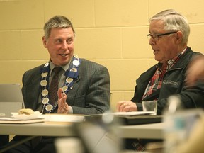 Huron East Mayor Bernie MacLellan talks to council April 18 about the potential enhancing of shared services of fire departments with Huron East and the municipality of Morris-Turnberry. (Shaun Gregory/Huron Expositor)