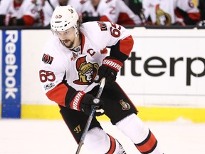 Senators captain Erik Karlsson has been playing with foot fractures in the first round of the playoffs. (Maddie Meyer/Getty Images)