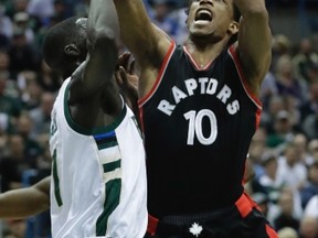 Raptors' DeMar DeRozan shoots over Bucks' Thon Maker during the first half of Game 4 of a first-round NBA playoff series in Milwaukee on Saturday, April 22, 2017. (Morry Gash/AP Photo)