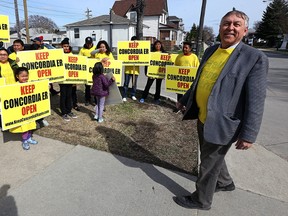 Jim Maloway (centre), the NDP MLA for Elmwood, organizes a group of people rallying to save the Concordia Hospital emergency room outside the Elmwood Curling Club on Sun., April 23, 2017. Kevin King/Winnipeg Sun/Postmedia Network