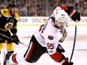 Senators defenceman Erik Karlsson takes a shot against the Bruins during overtime action in Game Six of the NHL's Eastern Conference playoff series in Boston on Sunday, April 23, 2017. (Maddie Meyer/Getty Images)