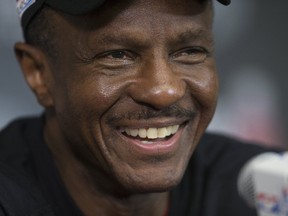 Raptors head Coach Dwane Casey smiles while talking to the media at the Raptors' training facility in Toronto on Sunday, April 23, 2017. (Stan Behal/Toronto Sun)