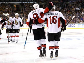 Senators forward Bobby Ryan (9) celebrates with Clarke MacArthur (16) after Ryan scored against the Bruins during the second period of Game 6 of the NHL's Eastern Conference Playoffs in Boston on Sunday, April 23, 2017. (Maddie Meyer/Getty Images)