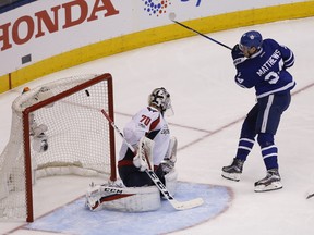 Auston Matthews scores to make it 1-0 as the Toronto Maple Leafs play the Washington Capitals in Game Six in their first round playoffs at the Air Canada Centre in Toronto on April 23, 2017. (MICHAEL PEAKE/Toronto Sun)