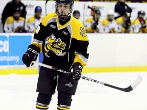 Sarnia Sting first-round draft pick Jamieson Rees plays in an intrasquad game during orientation camp at Progressive Auto Sales Arena on Sunday, April 23, 2017, in Sarnia, Ont. (MARK MALONE/Postmedia Network)