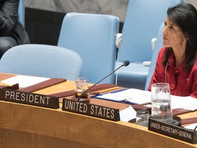 In this Friday, April 7, 2017 file photo, United States ambassador to the United Nations Nikki Haley listens as Syria's Deputy U.N. Ambassador Mounzer Mounzer speaks during a Security Council meeting on the situation in Syria at United Nations headquarters. On Wednesday, April 19, 2017, Haley had a message for North Korea: "We're not trying to pick a fight so don't try and give us one." (AP Photo/Mary Altaffer)