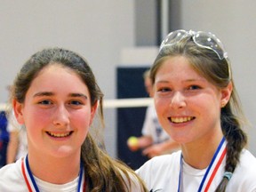 Emily Ruby (left) and Hannah Jubinville of the Mitchell District High School (MDHS) junior girls badminton team, won gold at the Huron-Perth championships last Friday, April 21. SUBMITTED