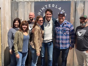 FACEBOOK PHOTO
They had surprise visitors at Hinterland Wine Company and County Road Beer Company in Prince Edward County on Sunday afternoon when Prime Minister Justin Trudeau and his wife, Sophie Grégoire Trudeau (middle), stopped in to shop and eat. Pictured with the Trudeaus (from left) are: Effie Dinadis, Chef Neil Dowson, Vicki Samaras, Sophie and Justin Trudeau, Jonas Newman and Chris Dinadis.