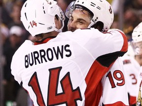 Alex Burrows and Derick Brassard celebrate after the Ottawa Senators' win over the Boston Bruins in Game 6 at TD Garden on April 23, 2017. (Maddie Meyer/Getty Images)