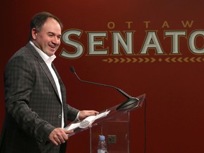 Ottawa Senators GM Pierre Dorion talks to the media during a press conference at the Canadian Tire Centre in Ottawa on April 24, 2017. (Tony Caldwell/Postmedia)