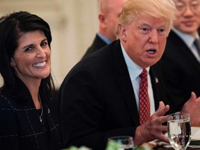U.S. Ambassador to the UN Nikki Haley smiles while U.S. President Donald Trump speaks before a working lunch with UN Security Council member nations in the State Dining Room of the White House April 24, 2017 in Washington, D.C. BRENDAN SMIALOWSKI/AFP/Getty Images