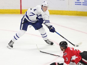 Auston Matthews scores his second goal in the first period as the Ottawa Senators take on the Toronto Maple Leafs in NHL action at the Canadian Tire Centre on Oct. 12, 2016. (Wayne Cuddington/Postmedia)