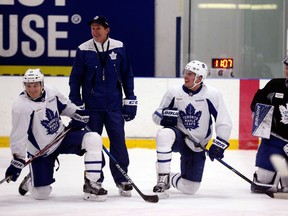 Toronto Maple Leafs forward Auston Matthews and goalie Frederik Andersen during practice at the Mastercard Centre in Toronto on Feb. 24, 2017. (Ernest Doroszuk/Toronto Sun/Postmedia Network)