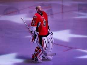 Goalie Craig Anderson is deep in thought during the anthems as the Ottawa Senators take on the Boston Bruins in Game 5 of Round 1 in the NHL playoffs on April 22, 2017. (Wayne Cuddington/Postmedia)