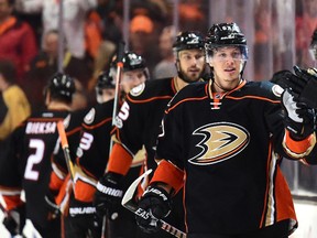 Rickard Rakell of the Anaheim Ducks celebrates his goal to tie the score 2-2 with the Calgary Flames during Game 1 of their opening-round playoff series at Honda Center on April 13, 2017, in Anaheim, Calif. (Getty Images)