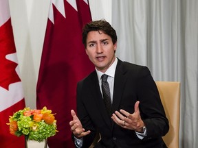 Prime Minister Justin Trudeau speaks as he meets with H.E. Sheikh Abdullah Bin Mohammed Bin Saud Al-Thani in Toronto on Monday, April 24, 2017. THE CANADIAN PRESS/Christopher Katsarov