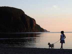 A girl and her dog are seen at Old Woman Bay in Lake Superior provincial park on Monday, Aug. 1, 2016. The park offers a diverse landscape of forested hills, clear lakes, streams and rivers, cliffs and beaches. THE CANADIAN PRESS/Colin Perkel