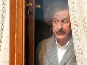 In this image released by National Geographic, Geoffrey Rush portrays Albert Einstein in the National Geographic miniseries, "Genius," premiering April 25, 2017. (Dusan Martincek/National Geographic via AP)
