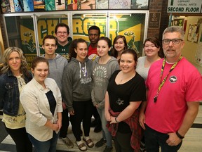 Confederation Secondary School representative Jennifer Ward, left, event organizer Todd Brown, right, of Pinecrest Public School, and Jack Project chapter students from Confederation Secondary School in Val Caron, Ont. are hosting a Jack Talk event on April 25 at 7 p.m.. at the high school. John Lappa/Sudbury Star/Postmedia Network