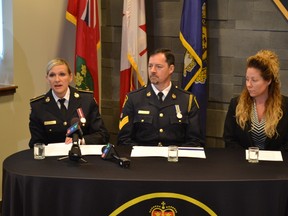 Insp. Tina Chalk of the OPP speaks at a news conference Tuesday morning, announcing more charges laid against an Oro-Medonte man. Det.-Staff Sgt. Scott Moore and Jennifer Richardson, director of the provincial anti-human trafficking co-ordination office, joined Chalk as speakers. PATRICK BALES/THE PACKET & TIMES