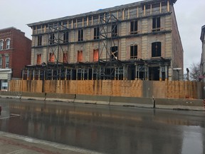 BRUCE BELL/THE INTELLIGENCER
The sidewalk in front of the Royal Hotel in Picton was ordered closed on Monday while repairs take place on a failed wall. The sidewalk is expected to reopen sometime this week but will be protected by covered scaffolding.