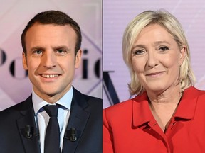 This combination of file pictures created on April 25, 2017 in Paris shows a December 11, 2016 photo of French presidential election candidate for the En Marche ! movement Emmanuel Macron (L) and a September 11, 2016 of French presidential election candidate for the far-right Front National (FN) party Marine Le Pen, both in televisions studios in La Plaine-Saint-Denis. Centrist Emmanuel Macron topped the initial polls on April 23, 2017 and looked well on course to beat far-right candidate Marine Le Pen in a run-off on May 7.(ERIC FEFERBERG,MIGUEL MEDINA/AFP/Getty Images)
