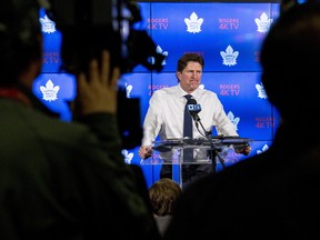 Toronto Maple Leafs head coach Mike Babcock talks with the media at the Air Canada Centre in Toronto on April 25, 2017. (Craig Robertson/Toronto Sun/Postmedia Network)