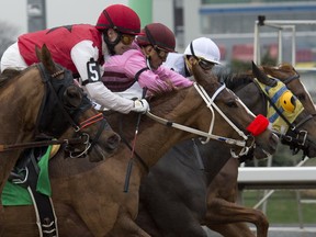 Four horses charge hard during an opening-day race at Woodbine. The racetrack unveiled a new development plan yesterday. (MICHAEL BURNS PHOTO)