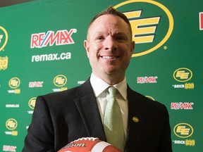 The Edmonton Eskimos introduce new general manager Brock Sunderland at Commonwealth Stadium in the Eskimos locker room on Tuesday April 25, 2017, in Edmonton.