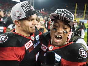 Quarterback Henry Burris (right) may have led the Redblacks to the Grey Cup win, but now it’s Trevor Harris’ job to do the same.(The Canadian Press)