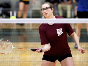 Casey Gallant of the North Lambton Eagles hits a return during a girls' doubles match at the SWOSSAA badminton championship Tuesday at St. Clair College's Thames Campus HealthPlex in Chatham. Gallant and partner Selena Dirven finished out of the medals. No Lambton County players qualified for the OFSAA championship May 4-6 in Chatham. (MARK MALONE/Postmedia Network)