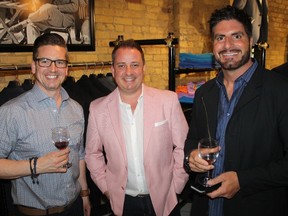 Veteran Celebrity Men Fashion Event model Justin Hayes (left) provides advice to two of this year's models, Jason McMichael and Frank Iacobelli, about how best to deliver the Blue Steel look during the kickoff party of 2017's Kidney Foundation's fundraiser. The Celebrity Men Fashion Event will take place at Point Edward's Quality Inn on Thursday, May 25.
CARL HNATYSHYN/SARNIA THIS WEEK