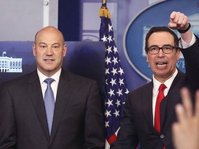 U.S. Secretary of the Treasury Steven Mnuchin (R) and National Economic Director Gary Cohn speak about President Donald Trump's new tax reform plan during a briefing at the James Brady Press Briefing Room at the White House on April 26, 2017 in Washington, D.C. (Mark Wilson/Getty Images)