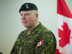 Colonel Conrad Mialkowski, Commander of 2nd Canadian Mechanized Brigade Group spoke at CFB Wainwright about death of Sgt. Robert Dynerowicz on April 24, 2017. Photo by Shaughn Butts / Postmedia