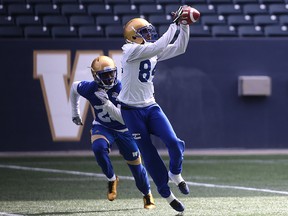 WR Ryan Lankford pulls in a pass during the Winnipeg Blue Bombers spring camp at Investors Group Field in Winnipeg on Wed., April 26, 2017. Kevin King/Winnipeg Sun