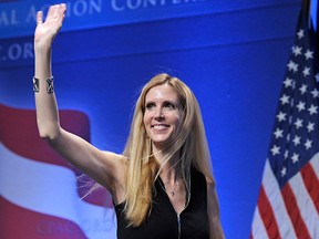 In this Feb. 12, 2011 file photo, Ann Coulter waves to the audience after speaking at the Conservative Political Action Conference (CPAC) in Washington.   (AP Photo/Cliff Owen, File)