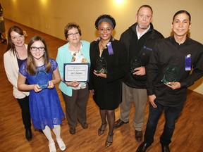 Award recipients at the 17th Annual Champions for Children Awards Luncheon held at the SteelworkersÕ Union Hall and Conference Centre by Our Children, Our Future in Sudbury, Ont. on Wednesday April 26, 2017. Award winners this year were, Junior Volunteer Category: Darquise Frappier, Certificate of Recognition: Bob & Linda Hachez. Volunteer Category: Elizabeth ÒJuneÓ Davis,,Group Volunteer Category: Derek Cashmore & Winter Clothing Drive Team, Group Volunteer Category: Child & Community resources Autism Intervention Program and Volunteer Category: Bryden Gwiss Kiwenzie.Gino Donato/Sudbury Star/Postmedia Network