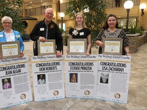 BRUCE BELL/THE INTELLIGENCER
The Wellings of Picton held its 2nd Annual Prince Edward County Volunteer Recognition on Wednesday at its new County Road 49 location. Pictured are this year's award winners which include (from left) Jean Algar âÄì Community Builder Award, Don Roberts âÄì Lifetime Achievement Award, Esther Prinzen âÄì Exceptional Youth Award and Lisa Zachariah âÄì County Caring Award.