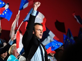 French presidential election candidate for the En Marche ! movement Emmanuel Macron reacts as he gives a speech during a meeting in Arras, on April 26, 2017, ahead of the second and final round of the presidential election.(ERIC FEFERBERG/AFP/Getty Images)