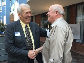 St. Thomas developer and hospital benefactor Bob McCaig shares a laugh with St. Thomas Elgin General Hospital Foundation capital campaign chair Ken Monteith Wednesday evening. McCaig and his wife Janet donated another $500,000 to support STEGH's ambitious expansion, over and above their other half million contribution they made in Oct. 2014. (Jennifer Bieman/Times-Journal)