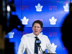 Toronto Maple Leafs head coach Mike Babcock talks with the media at the Air Canada Centre on April 25, 2017. (Craig Robertson/Toronto Sun/Postmedia Network)