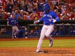 Marcus Stroman of the Toronto Blue Jays scores the game-winning run against the St. Louis Cardinals in the 11th inning at Busch Stadium on April 25, 2017. (Dilip Vishwanat/Getty Images)