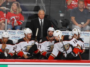 Head coach Randy Carlyle of the Anaheim Ducks handles bench duties against the New Jersey Devils at the Prudential Center on October 18, 2016, in Newark, New Jersey. (Getty Images)