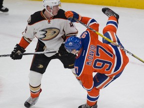 Edmonton Oilers captain Connor McDavid is dumped by Anaheim Ducks defenceman Josh Manson on Dec. 3, 2016, in Edmonton. (Greg Southam)