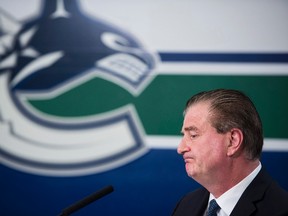 Vancouver Canucks general manager Jim Benning holds a media presser to announce that coach Willie Desjardins will be relieved of duties in Vancouver on April 10, 2017. (THE CANADIAN PRESS/Jimmy Jeong)